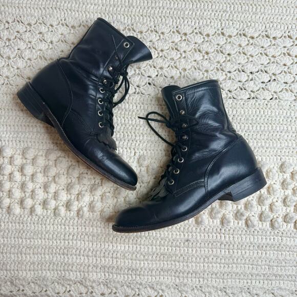 JUSTIN Boot Women's 6.5 Lace Up Roper Kiltie Boot Black Steampunk Cowgirl Combat - Picture 13 of 14